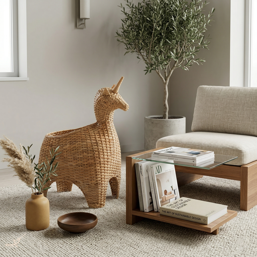 Panier décoratif Kylan en rotin naturel près d’un fauteuil et d’une table basse