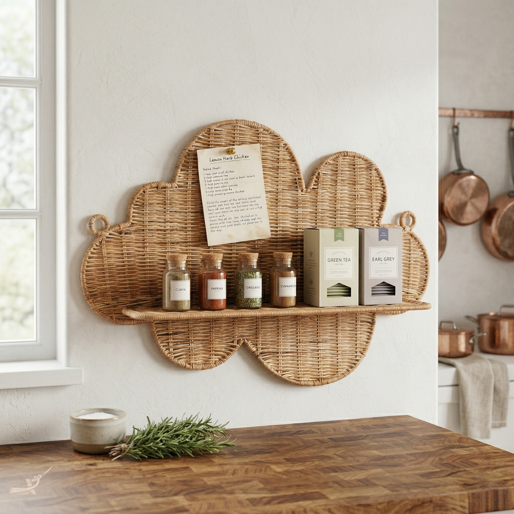 Mâya - Cloud-shaped wall shelf in handwoven rattan – staged view – Handcrafted product, handmade · Kuênia