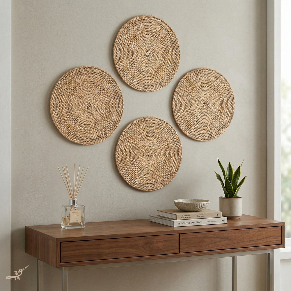 Lune Ensablée - Round placemat in handwoven rattan – in-use view – Handcrafted product, handmade · Kuênia
