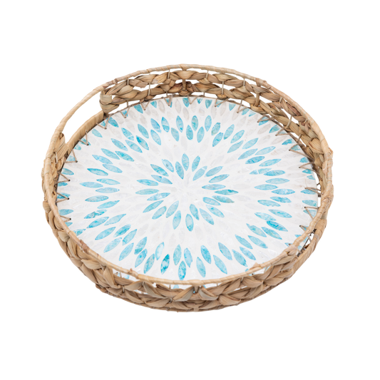 Marinia Grande - Plateau rond en jacinthe d'eau et nacre sur fond transparent – Produit artisanal fait à la main · Kuênia