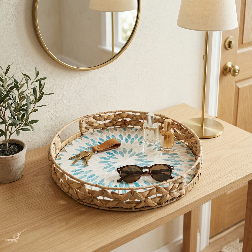Marinia Grande - Round tray in water hyacinth and mother-of-pearl – in-use view – Handcrafted product, handmade · Kuênia
