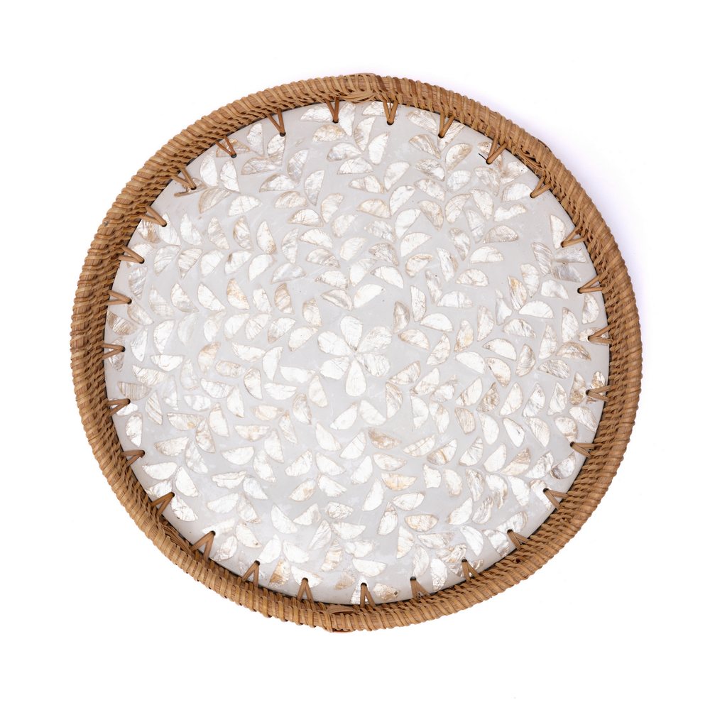 Opalia - Round tray in handmade rattan and mother-of-pearl – Handcrafted product, handmade · Kuênia