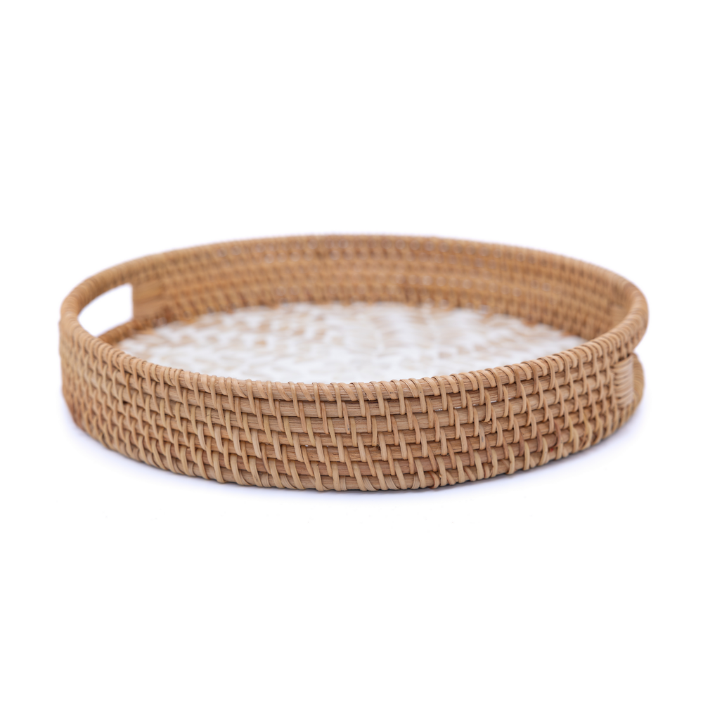 Opalia - Round tray in handmade rattan and mother-of-pearl – view 2 – Handcrafted product, handmade · Kuênia