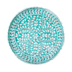 Lagonis - Large round tray all mother-of-pearl, turquoise lagoon background and iridescent petals on transparent background – Handcrafted product, handmade · Kuênia