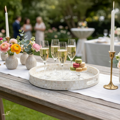 Lunaris - Large round tray all mother-of-pearl, mineral pattern – staged view – Handcrafted product, handmade · Kuênia