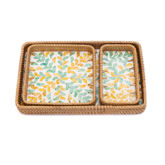 Autonia - Set of 3 rectangular trays in handmade rattan and mother-of-pearl, autumn foliage pattern – view 3 – Handcrafted product, handmade · Kuênia