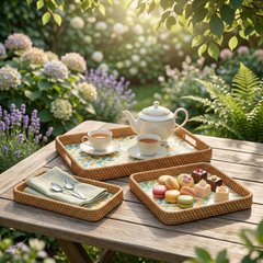 Autonia - Set of 3 rectangular trays in handmade rattan and mother-of-pearl, autumn foliage pattern – detail view – Handcrafted product, handmade · Kuênia
