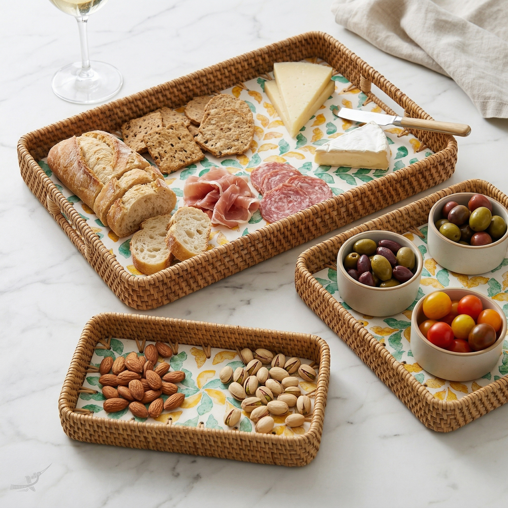 Autonia - Set of 3 rectangular trays in handmade rattan and mother-of-pearl, autumn foliage pattern – lifestyle view – Handcrafted product, handmade · Kuênia
