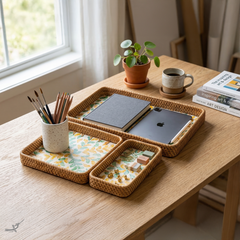 Autonia - Set of 3 rectangular trays in handmade rattan and mother-of-pearl, autumn foliage pattern – in-use view – Handcrafted product, handmade · Kuênia