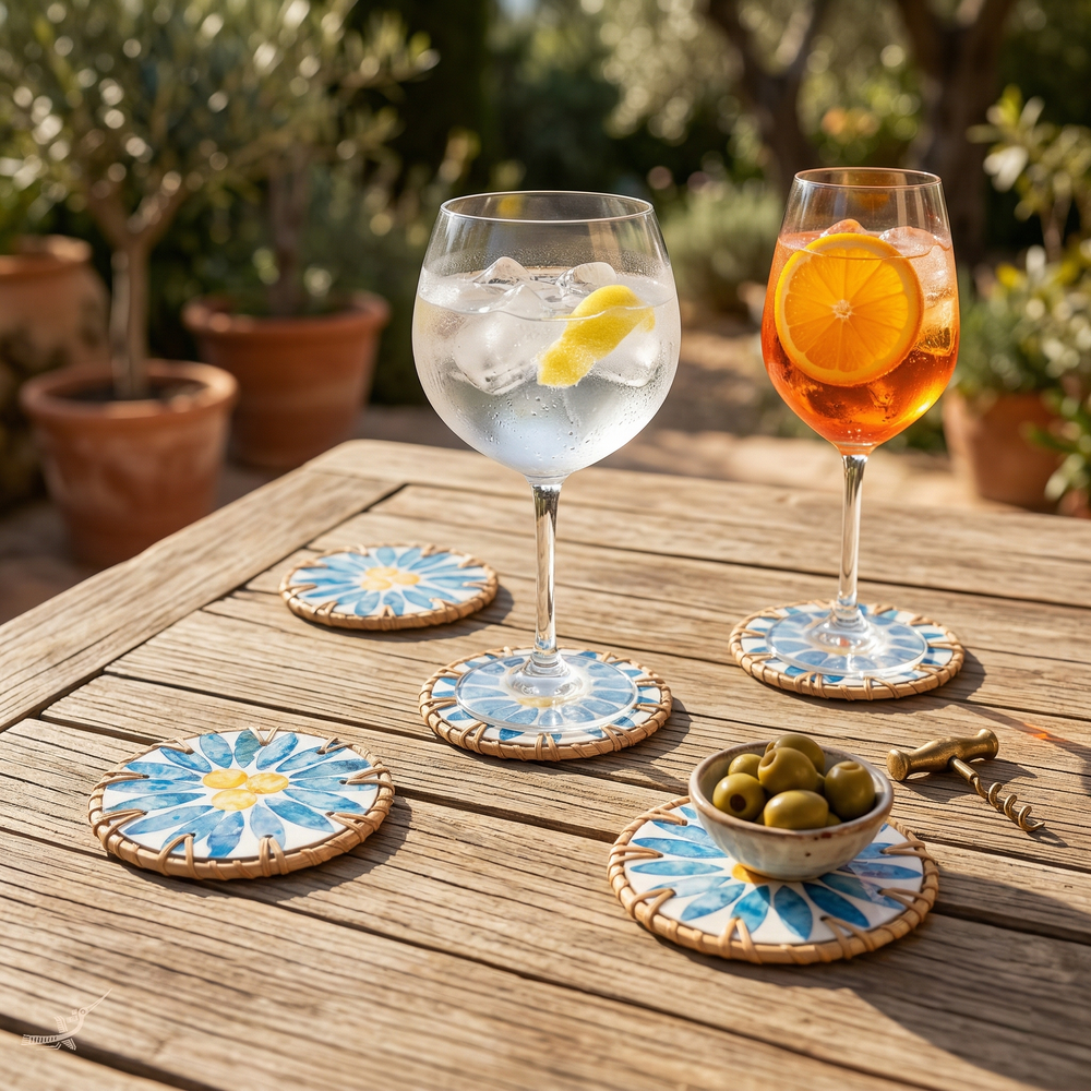 Rayons de Bleuet - Set of 6 coasters in handmade rattan and mother-of-pearl, blue floral pattern – staged view – Handcrafted product, handmade · Kuênia