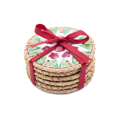 Ronde de Cerisier - Set of 6 coasters in handmade rattan and mother-of-pearl, pink and green floral pattern – view 5 – Handcrafted product, handmade · Kuênia