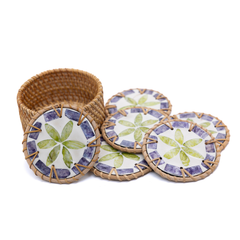 Étoile de Pervenche – Boxed set of 6 coasters in rattan and mother-of-pearl, with lid, purple and green floral pattern – Handcrafted product, handmade · Kuênia
