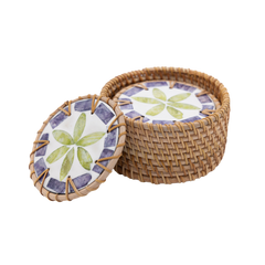 Étoile de Pervenche – Boxed set of 6 coasters in rattan and mother-of-pearl, with lid, purple and green floral pattern on transparent background – Handcrafted product, handmade · Kuênia
