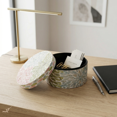 Le Jardin Secret - Round decorative box in mother-of-pearl, pastel floral pattern – lifestyle view – Handcrafted product, handmade · Kuênia