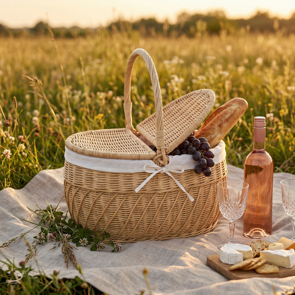 Kaigio - Picnic basket in handwoven rattan – detail view – Handcrafted product, handmade · Kuênia