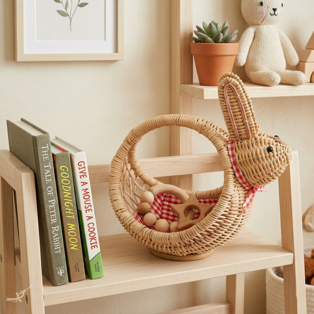 Taito - Rabbit-shaped basket in handwoven rattan – in-use view – Handcrafted product, handmade · Kuênia