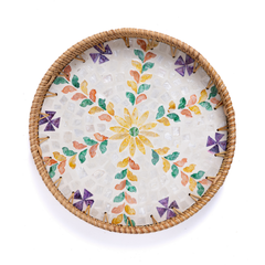 Floretia - Round tray in handmade rattan and mother-of-pearl, multicolor floral pattern – view 2 – Handcrafted product, handmade · Kuênia