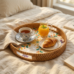 Floretia - Round tray in handmade rattan and mother-of-pearl, multicolor floral pattern – staged view – Handcrafted product, handmade · Kuênia