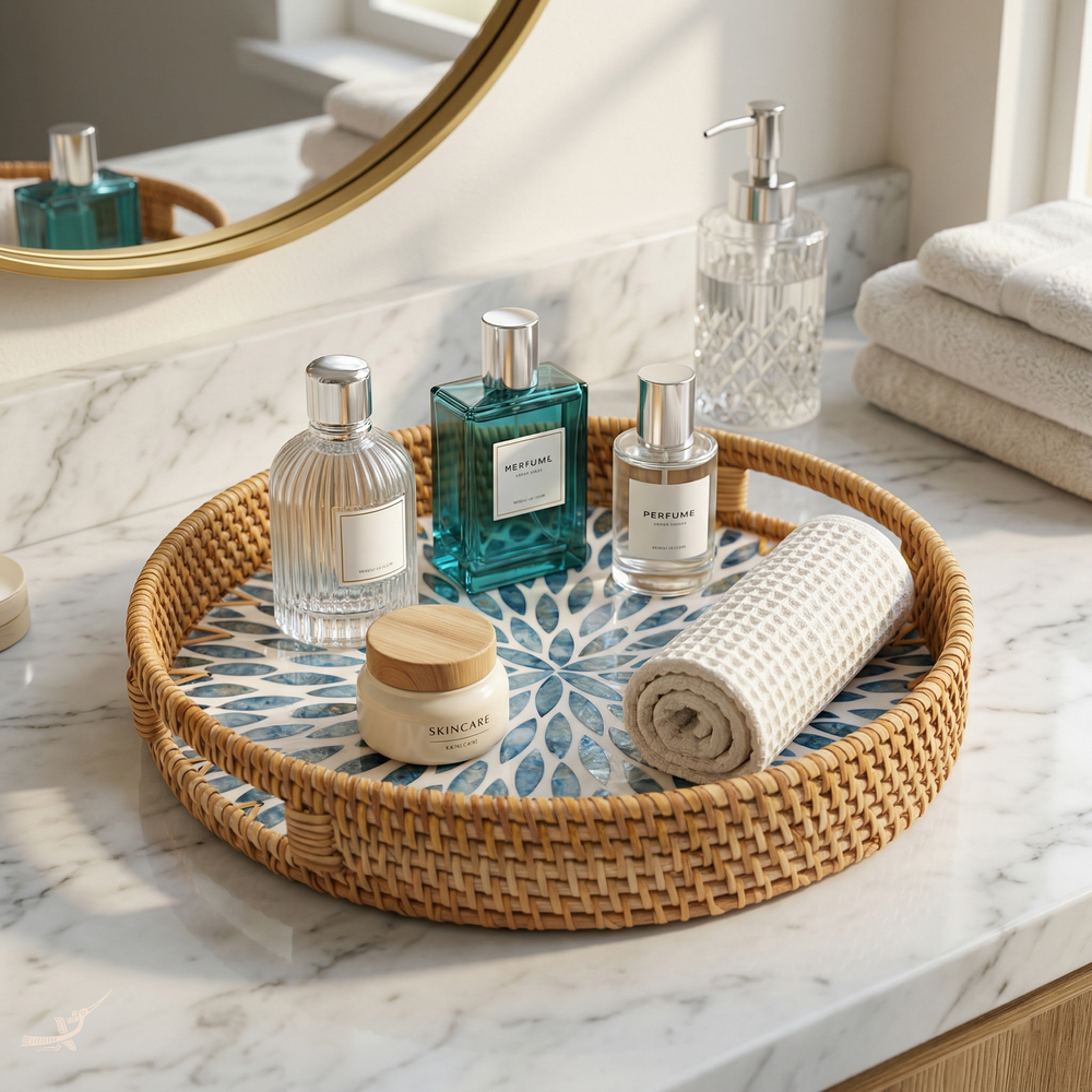 Mandalia - Round tray in handmade rattan and mother-of-pearl, blue mandala pattern – staged view – Handcrafted product, handmade · Kuênia