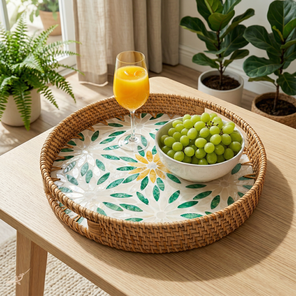 Gardenia - Round tray in handmade rattan and mother-of-pearl, flower garden pattern – staged view – Handcrafted product, handmade · Kuênia