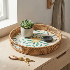 Gardenia - Round tray in handmade rattan and mother-of-pearl, flower garden pattern – lifestyle view – Handcrafted product, handmade · Kuênia