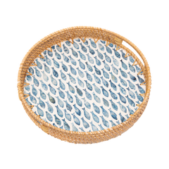 Escalia - Round tray in handmade rattan and mother-of-pearl, fish school pattern on transparent background – Handcrafted product, handmade · Kuênia