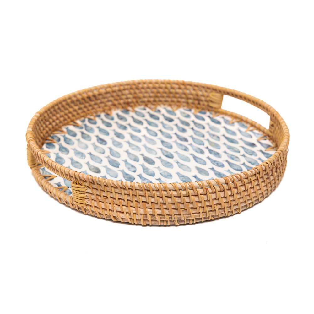 Escalia - Round tray in handmade rattan and mother-of-pearl, fish school pattern – view 3 – Handcrafted product, handmade · Kuênia
