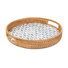 Escalia - Round tray in handmade rattan and mother-of-pearl, fish school pattern – view 3 – Handcrafted product, handmade · Kuênia