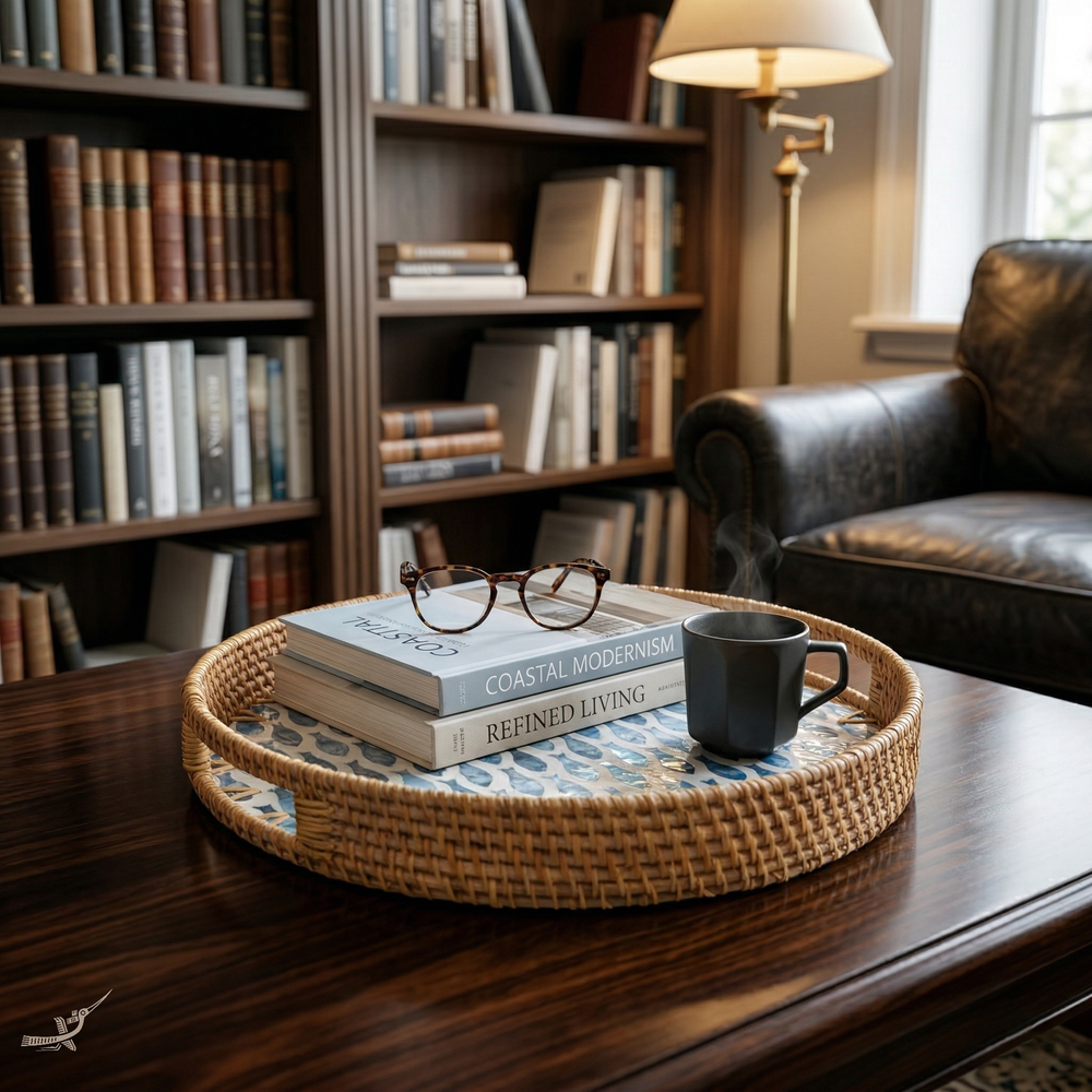 Escalia - Round tray in handmade rattan and mother-of-pearl, fish school pattern – detail view – Handcrafted product, handmade · Kuênia