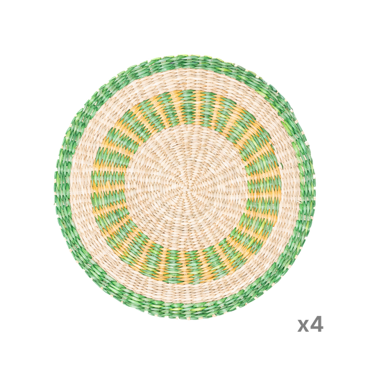 Champ Verdoyant - Set de table rond en jonc de mer tressé, motif vert et jaune sur fond transparent – Produit artisanal fait à la main · Kuênia