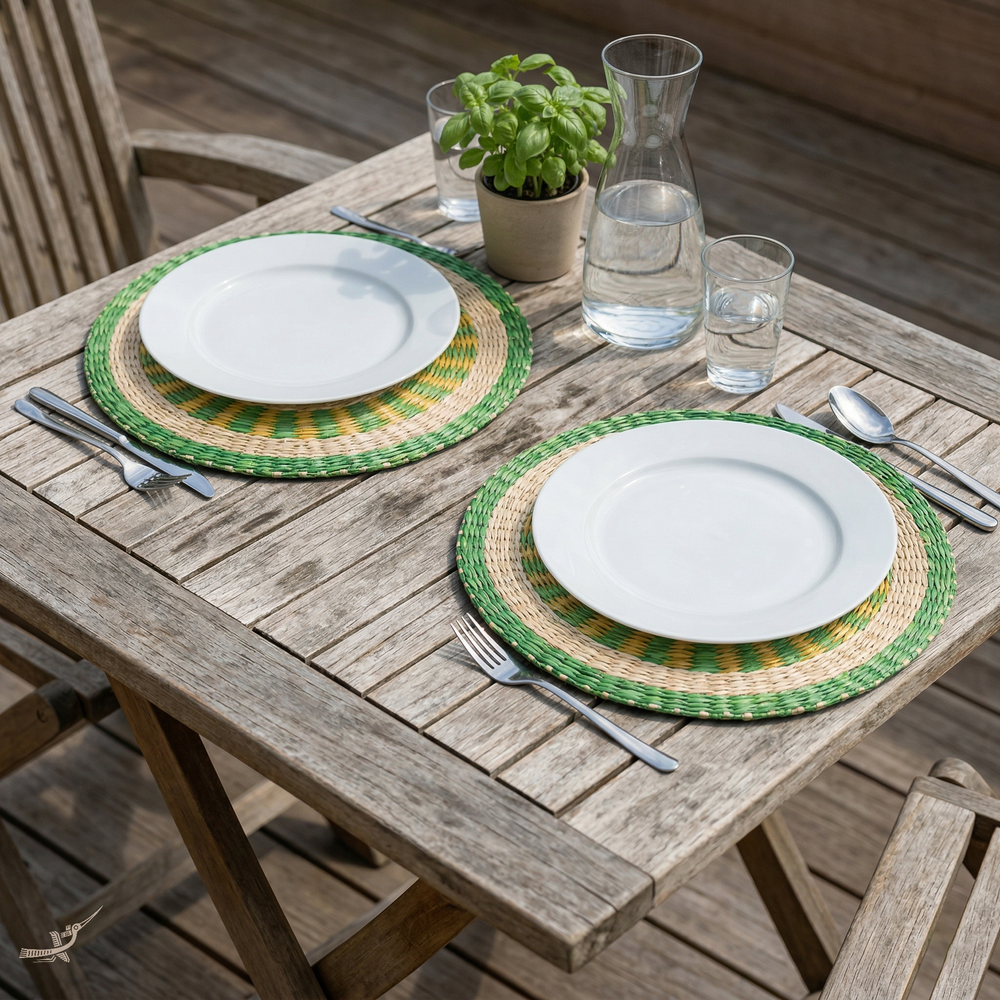 Champ Verdoyant - Round placemat in handwoven seagrass, green and yellow pattern – detail view – Handcrafted product, handmade · Kuênia