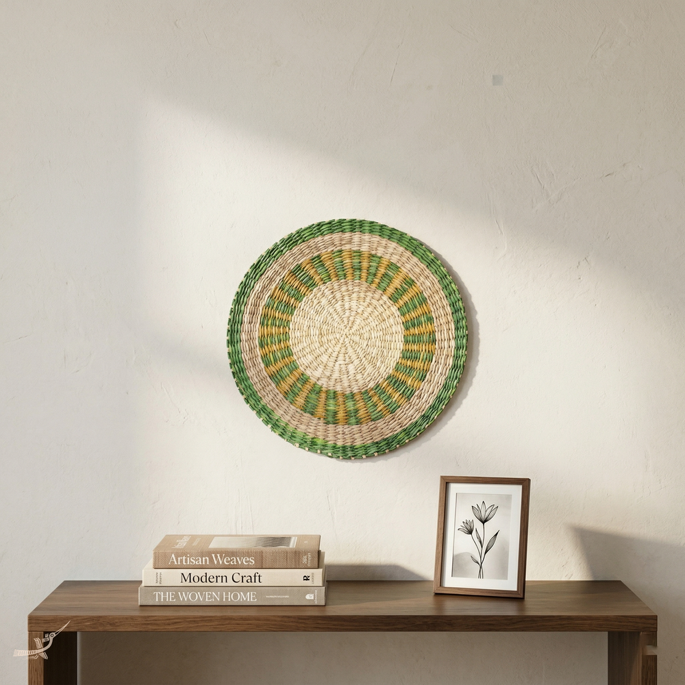 Champ Verdoyant - Round placemat in handwoven seagrass, green and yellow pattern – in-use view – Handcrafted product, handmade · Kuênia