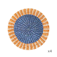 Anneau Doré - Round placemat in handwoven seagrass, blue and orange pattern on transparent background – Handcrafted product, handmade · Kuênia