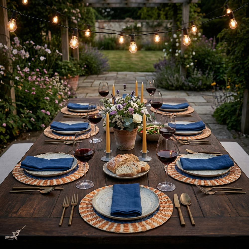 Anneau Doré - Round placemat in handwoven seagrass, blue and orange pattern – lifestyle view – Handcrafted product, handmade · Kuênia
