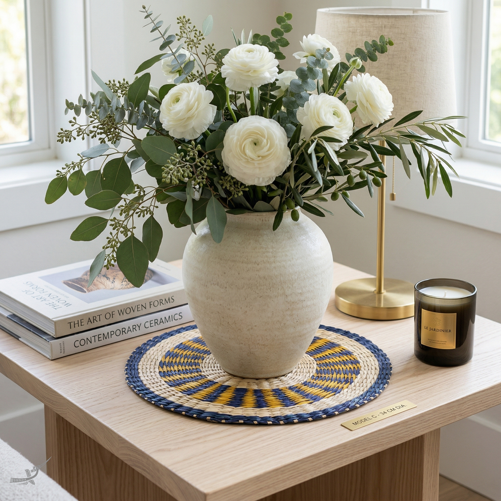 Oasis Marine - Round placemat in handwoven seagrass – staged view – Handcrafted product, handmade · Kuênia