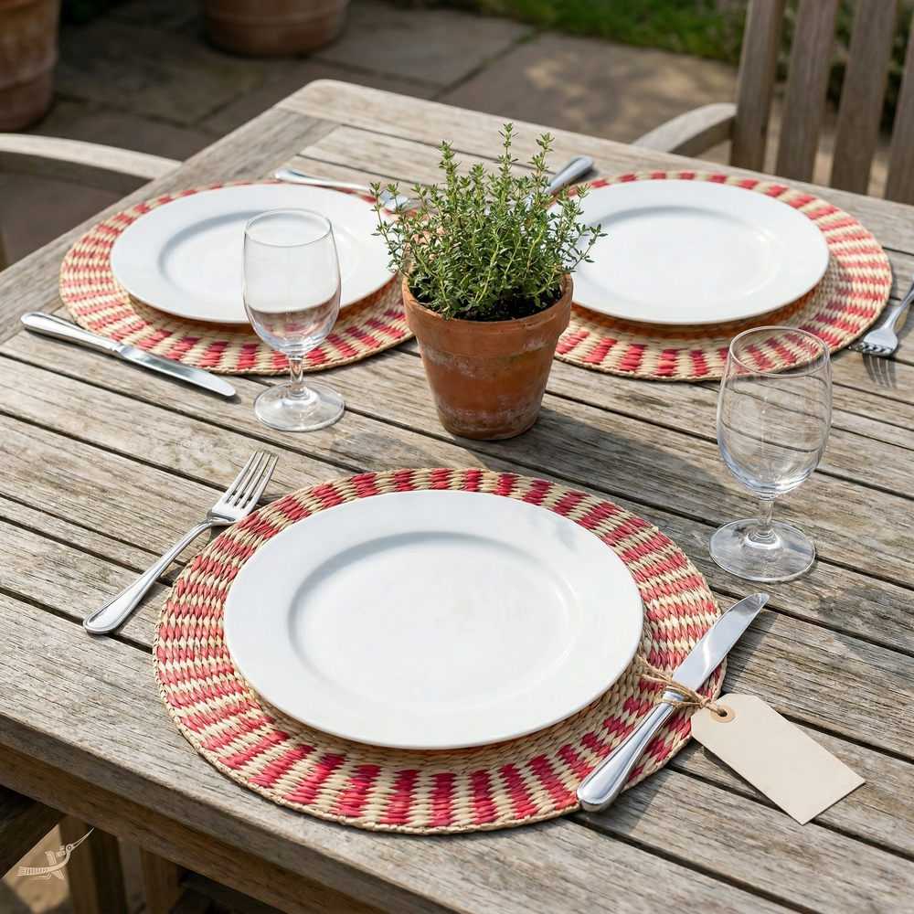 Étoile Flamboyante - Set de table rond en jonc de mer tressé, motif soleil – vue de détail – Produit artisanal fait à la main · Kuênia