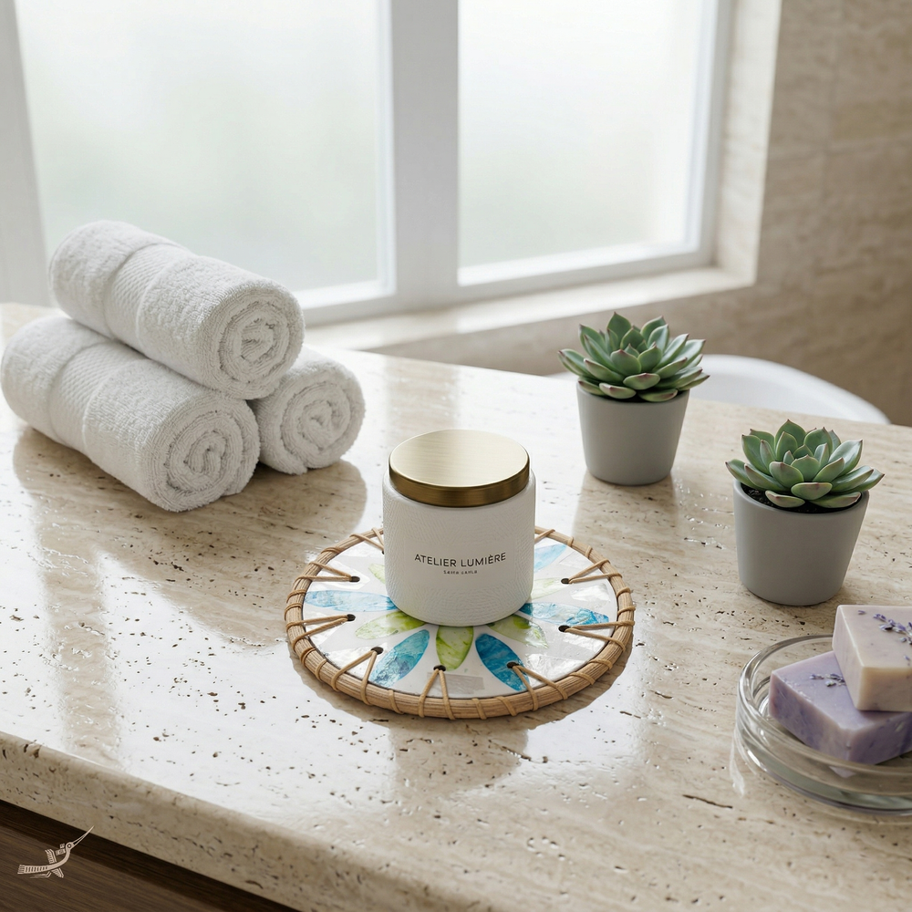 Valse de Nymphéa - Coffret de 6 sous-verres en rotin et nacre, motif végétal bleu et vert – vue d'usage – Produit artisanal fait à la main · Kuênia