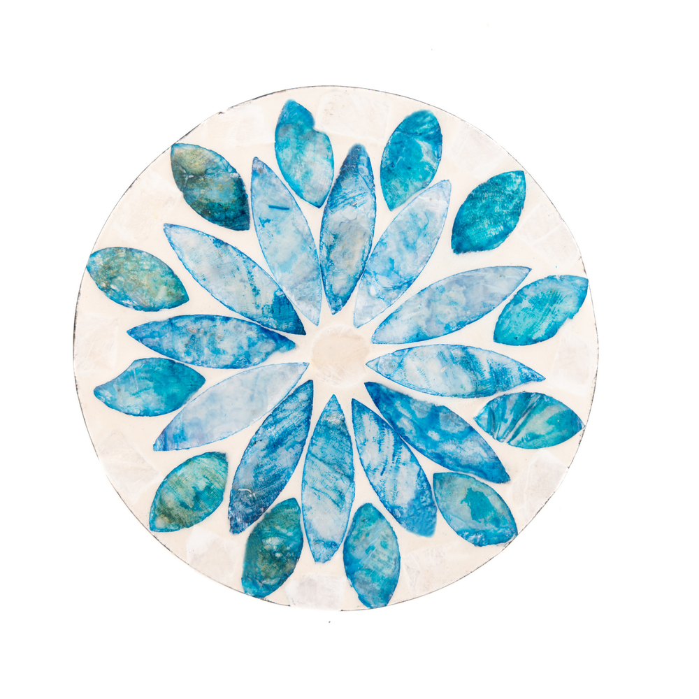 Corolle de Topaze - Boxed set of 6 coasters all mother-of-pearl, blue floral pattern – view 2 – Handcrafted product, handmade · Kuênia