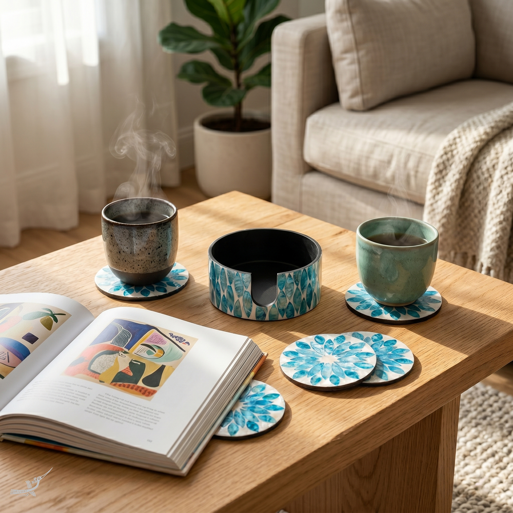 Corolle de Topaze - Boxed set of 6 coasters all mother-of-pearl, blue floral pattern – lifestyle view – Handcrafted product, handmade · Kuênia