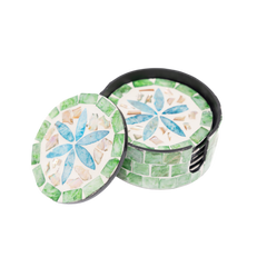 Jardin de Verre - Boxed set of 6 coasters all mother-of-pearl, multicolor floral mosaic on transparent background – Handcrafted product, handmade · Kuênia