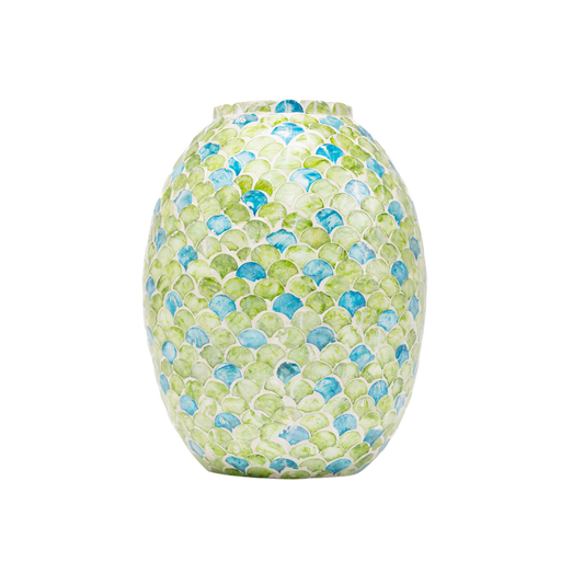 Sirena - Curved vase in mother-of-pearl marquetry, green and blue scales pattern on transparent background – Handcrafted product, handmade · Kuênia