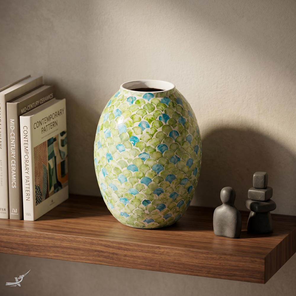 Sirena - Curved vase in mother-of-pearl marquetry, green and blue scales pattern – in-use view – Handcrafted product, handmade · Kuênia