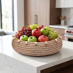 Tronto – Grande corbeille ronde en jonc de mer tressé main – vue de détail – Produit artisanal fait à la main · Kuênia