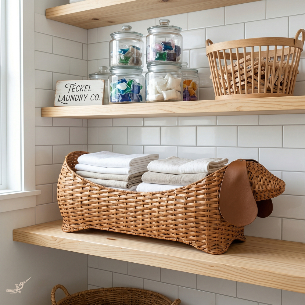 Sossi - Dachshund-shaped basket in natural rattan with leather ears – staged view – Handcrafted product, handmade · Kuênia