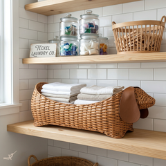 Sossi - Dachshund-shaped basket in natural rattan with leather ears – staged view – Handcrafted product, handmade · Kuênia