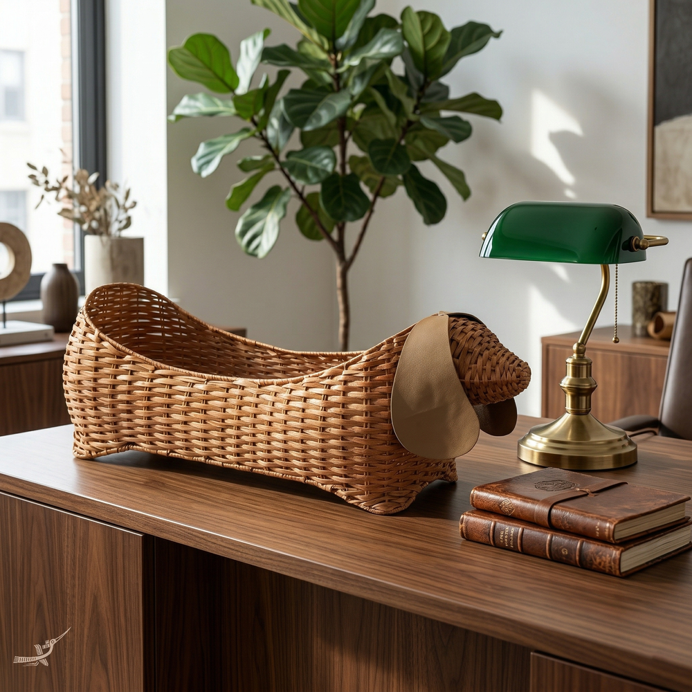 Sossi - Dachshund-shaped basket in natural rattan with leather ears – lifestyle view – Handcrafted product, handmade · Kuênia
