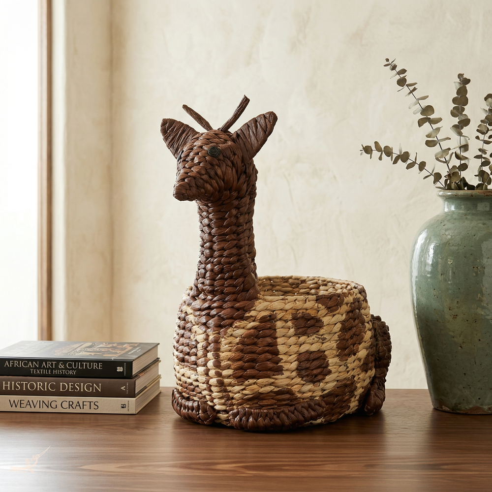 Kaoko - Giraffe-shaped basket in handwoven water hyacinth – in-use view – Handcrafted product, handmade · Kuênia