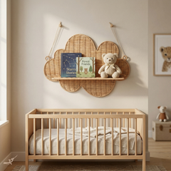 Mâya - Cloud-shaped wall shelf in handwoven rattan – detail view – Handcrafted product, handmade · Kuênia