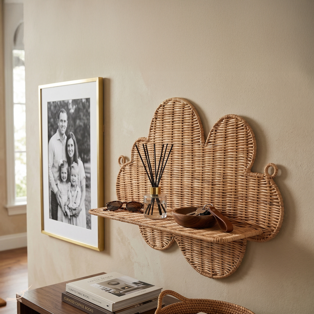 Mâya - Cloud-shaped wall shelf in handwoven rattan – in-use view – Handcrafted product, handmade · Kuênia