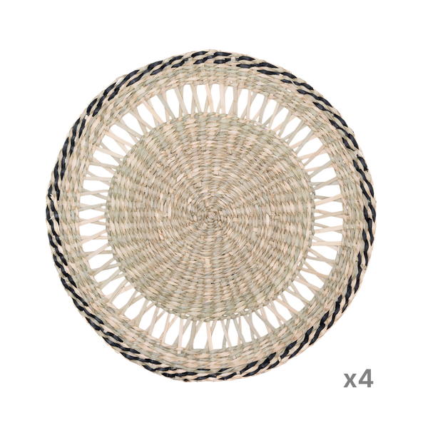 Couronne Alizée - Set de table rond en jonc de mer avec liseré noir sur fond transparent – Produit artisanal fait à la main · Kuênia